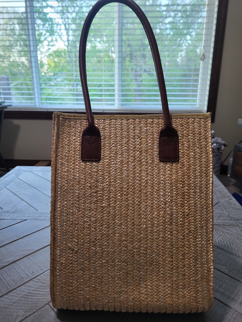 Eddie Bauer Straw Tote Satchel with Brown Leather Handles 13"x10" - Picture 4 of 6